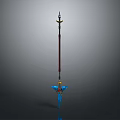 Fantasy Spear Weapon With Long Shaft Golden Tip And Blue Accents
