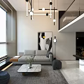 Modern Living and Dining Room Interior With Sofa Staircase Open Layout And Abstract Painting