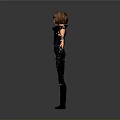 Woman with brown short hair wearing black tight outfit and ripped pants with black gloves