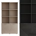 Stylish Display Cabinets Featuring Multiple Shelves Black Brown Beige Tones And Geometric Design Bases