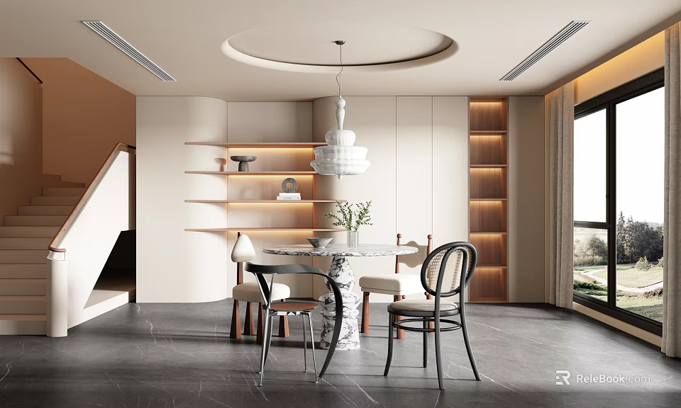 Minimalist Modern Restaurant Interior With Round Dining Table White Pendant Light Chairs And Shelves 3d model 