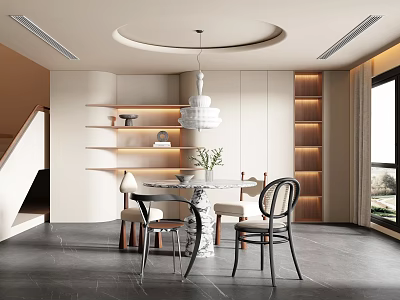Minimalist Modern Restaurant Interior With Round Dining Table White Pendant Light Chairs And Shelves 3d model
