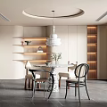 Minimalist Modern Restaurant Interior With Round Dining Table White Pendant Light Chairs And Shelves