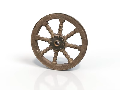 Vintage Rustic Wooden Cart Wheel With Spoked Design And Central Hub 3d model