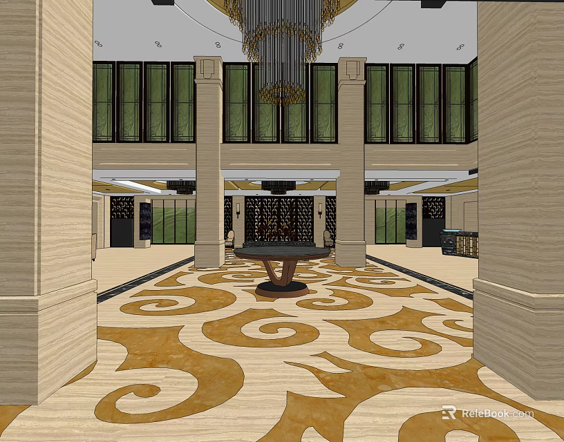 Elegant Hotel Lobby With Grand Chandelier Marble Columns And Ornate Patterned Carpet 3d model 