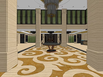 Elegant Hotel Lobby With Grand Chandelier Marble Columns And Ornate Patterned Carpet 3d model