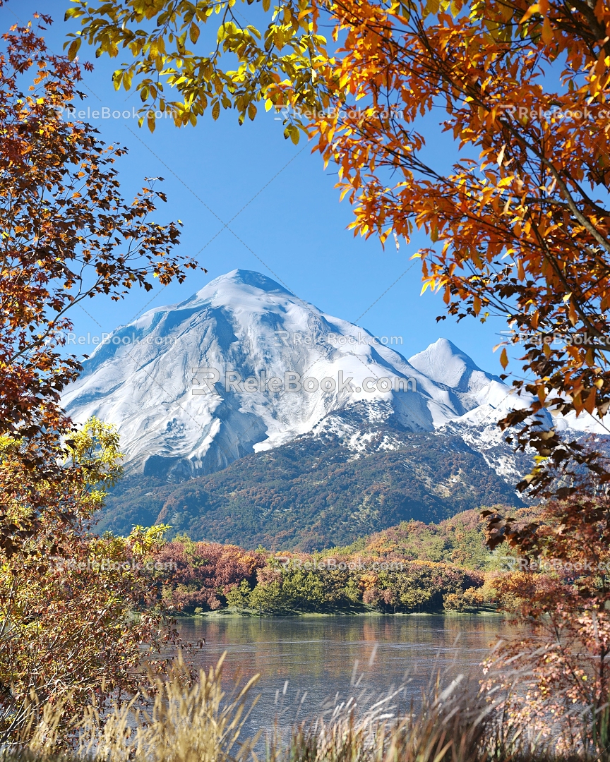 Modern Snow Mountain Lake Autumn Trees 3d model