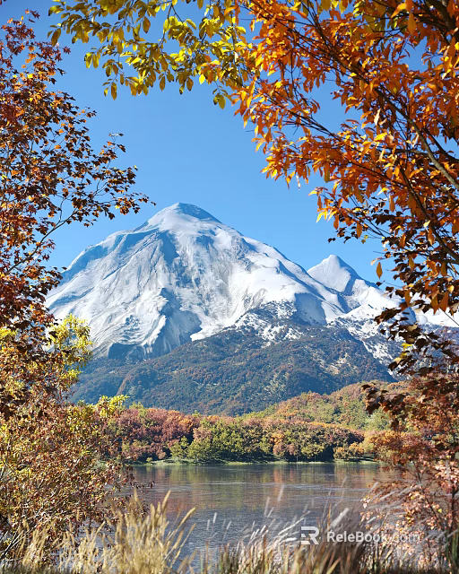 Garden Landscape With Snowy Mountain And Autumn Trees Under Clear Blue Sky 3d model 