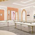 Luxury Jewelry Store Interior With Golden Ceiling White Display Counters And Orange Walls