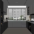 Modern Kitchen Interior Design With L shaped Layout Gray Cabinets White Countertops And Blinds