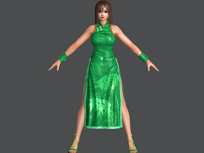 Game Movie Female Character Wearing Green Qipao With Slit Design Green Gloves And High Heels 3d model