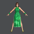 Game Movie Female Character Wearing Green Qipao With Slit Design Green Gloves And High Heels