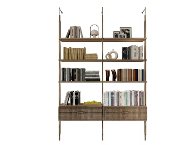 Stylish Multi Tiered Shelving Unit With Books Decorative Items And Woven Drawers 3d model