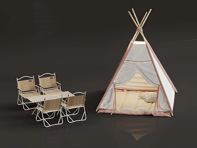 Outdoor Tepee Tent With Table And Four Chairs For Camping Setup 3d model