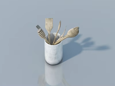 White Cup Holding Wooden Kitchen Utensils On Light Blue Background With Reflection 3d model
