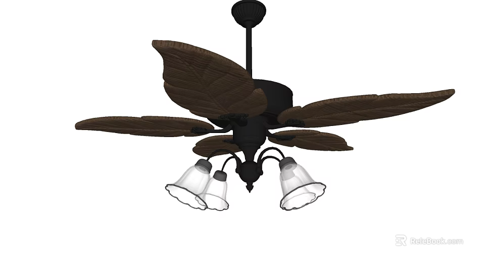 Black Ceiling Fan With Brown Leaf Shaped Blades And Transparent Light Shades For Home 3d model 