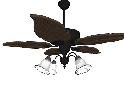 Black Ceiling Fan With Brown Leaf Shaped Blades And Transparent Light Shades For Home 3d model