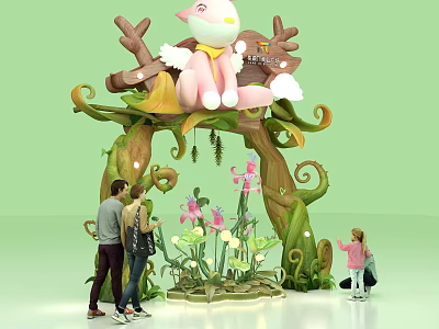 Colorful Vine Arch Decoration With Pink Rabbit Figure And Flower Elements For Viewing 3d model