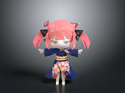 Cartoon Woman With Pink Hair Pigtails In Blue Kimono With Floral Patterns 3d model