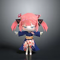 Cartoon Woman With Pink Hair Pigtails In Blue Kimono With Floral Patterns
