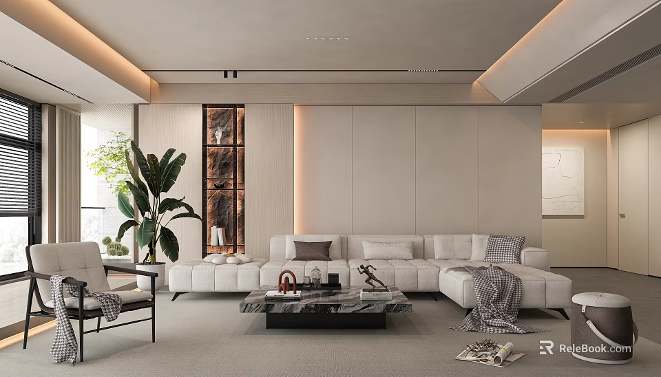 Minimalist Living Room Interior With White Sofa Black Coffee Table Green Plant And Wooden Backdrop 3d model 