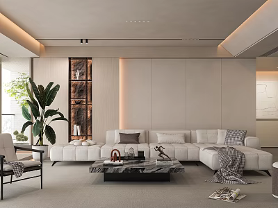 Minimalist Living Room Interior With White Sofa Black Coffee Table Green Plant And Wooden Backdrop 3d model