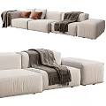 Comfortable Cream Three Seater Sofa With Brown Cushions And Throw Blanket 3d model