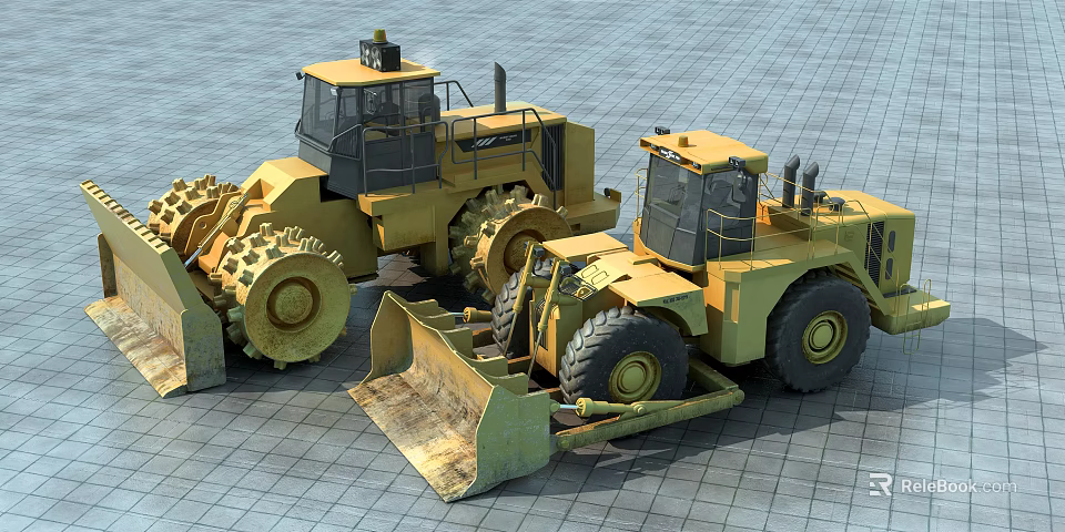 Yellow Heavy Duty Utility Vehicles With Large Tires Cabin And Front Bucket 3d model 