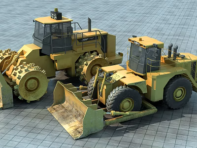 Yellow Heavy Duty Utility Vehicles With Large Tires Cabin And Front Bucket 3d model