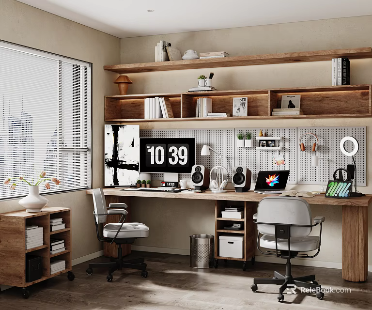 Modern Home Office With Wooden Desk Floating Bookshelves Computer Setup Digital Clock And Potted Plants 3d model 