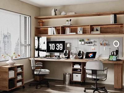 Modern Home Office With Wooden Desk Floating Bookshelves Computer Setup Digital Clock And Potted Plants 3d model