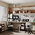 Modern Home Office With Wooden Desk Floating Bookshelves Computer Setup Digital Clock And Potted Plants