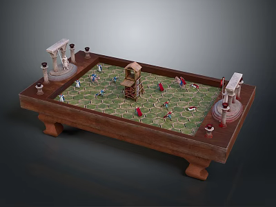 Commercial Board Game Equipment With Wooden Platform Green Grid Board Figurines And Pillars 3d model