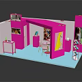 Modern Exhibition Booth Design With Pink Blue Decor Display Shelves Tables And Posters