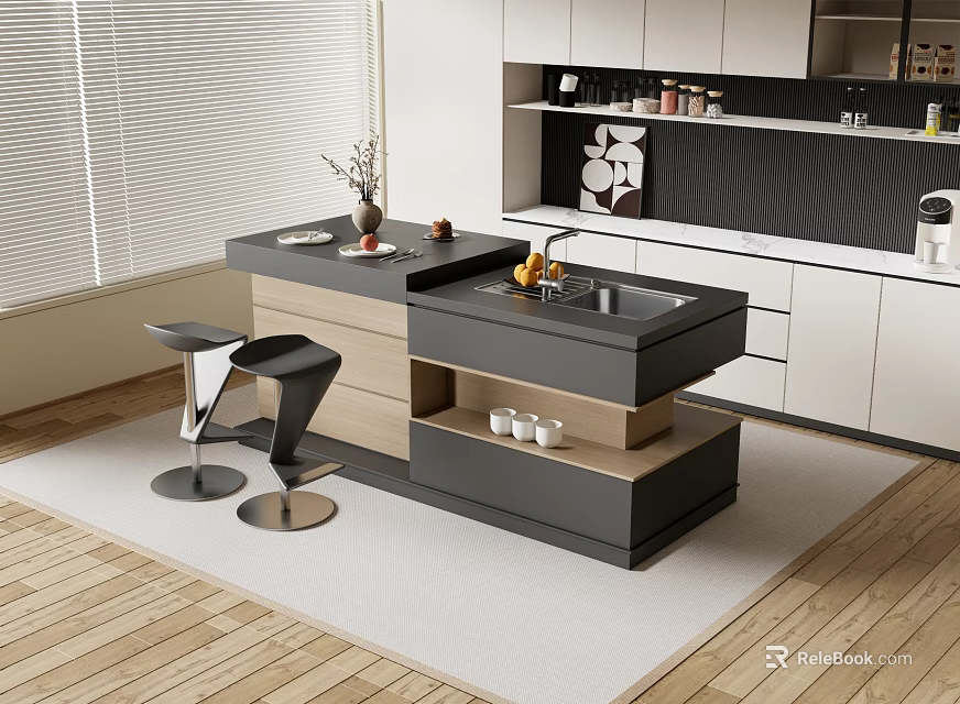 Modern Island Dining Table Set In Kitchen Interior With Black Countertop And Wooden Bar Stools 3d model 