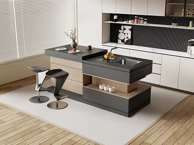 Modern Island Dining Table Set In Kitchen Interior With Black Countertop And Wooden Bar Stools 3d model