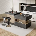 Modern Island Dining Table Set In Kitchen Interior With Black Countertop And Wooden Bar Stools