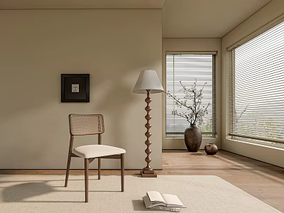 Modern Leisure Chair With Woven Backrest Light Cushion Floor Lamp Near Window On Carpet 3d model