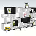 Modern Black White Decorative Cabinet With Multi Tiered Cubes Framed Pictures Pink Plants And Ornaments