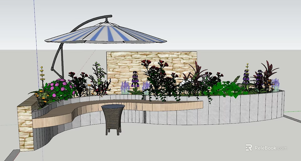 Outdoor Flower Planters and Flower Beds with Stone Wall Umbrella and Green Plants 3d model 
