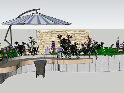 Outdoor Flower Planters and Flower Beds with Stone Wall Umbrella and Green Plants 3d model