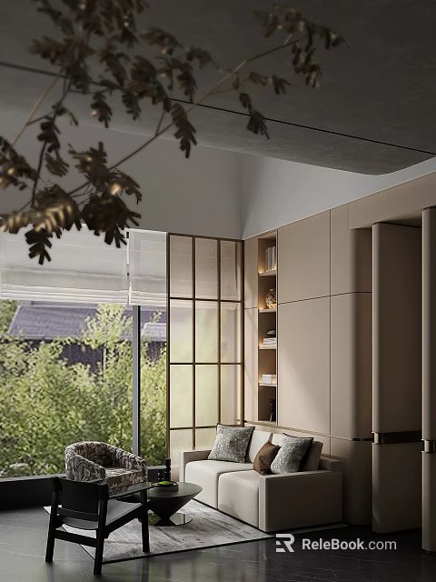 Modern Hotel Public Lounge With Large Windows Greenery Bookshelves And Comfortable Seating 3d model 