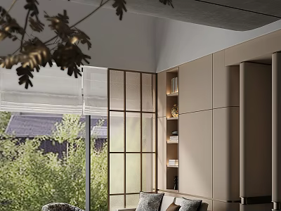Modern Hotel Public Lounge With Large Windows Greenery Bookshelves And Comfortable Seating 3d model
