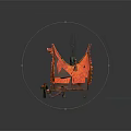 Wooden Hut With Orange Flame Like Roof Wooden Platform And Staircase On Blue Water
