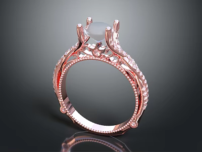 Elegant Rose Gold Ring With Central Diamond And Intricate Small Diamond Design 3d model