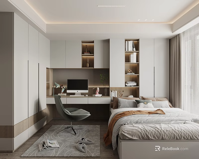 Tatami Bedroom Interior Design With Bed Desk Bookshelves Wardrobe And Modern Lighting 3d model 