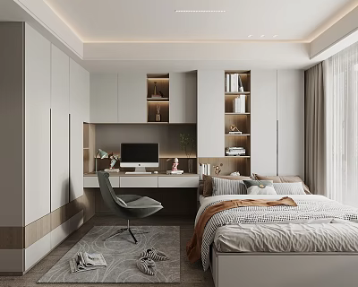 Tatami Bedroom Interior Design With Bed Desk Bookshelves Wardrobe And Modern Lighting 3d model