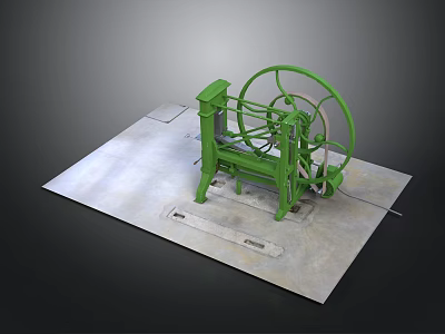 Green Mechanical Equipment with Large Circular Wheel and Metal Frame on Gray Platform 3d model
