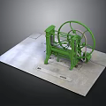Green Mechanical Equipment with Large Circular Wheel and Metal Frame on Gray Platform