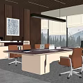 Modern Conference Room Interior With Large Table Ergonomic Chairs Wooden Wall And Mountain View Windows